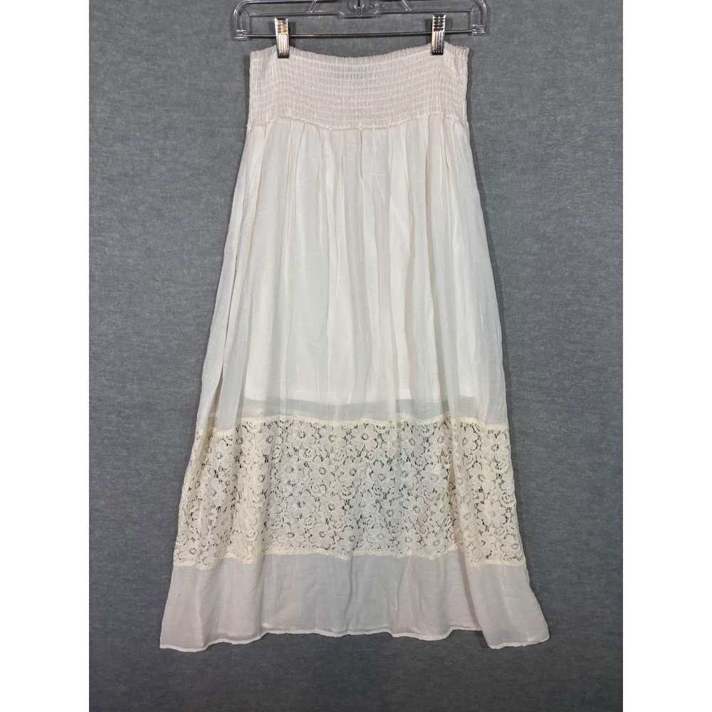 Deb White Lace Smocked Waist Maxi Skirt Boho Gauze Lined DS6K560 Medium